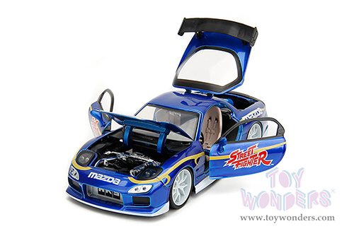 Jada Toys - Hollywood Rides | Mazda RX-7 with Chun-Li Diecast Figure "Street Fighter" (1993, 1/24, diecast model car, Blue) 30838