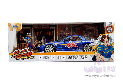 Jada Toys - Hollywood Rides | Mazda RX-7 with Chun-Li Diecast Figure "Street Fighter" (1993, 1/24, diecast model car, Blue) 30838