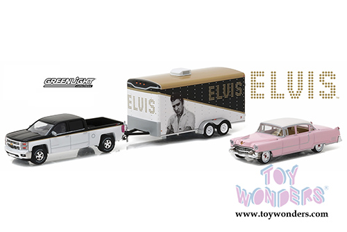 Greenlight - Hollywood Hitch & Tow Series 2 | Elvis - 2015 Chevrolet Silverado with 1955 Cadillac Fleetwood Series 60 "Pink Cadillac" and Enclosed Car Hauler (1/64 scale diecast model car, asstd.) 31020A