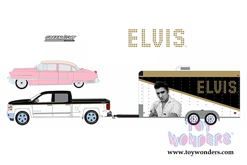 Greenlight - Hollywood Hitch & Tow Series 2 | Elvis - 2015 Chevrolet Silverado with 1955 Cadillac Fleetwood Series 60 "Pink Cadillac" and Enclosed Car Hauler (1/64 scale diecast model car, asstd.) 31020A