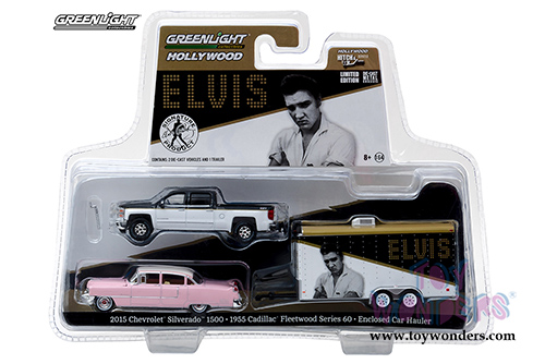 Greenlight - Hollywood Hitch & Tow Series 2 | Elvis - 2015 Chevrolet Silverado with 1955 Cadillac Fleetwood Series 60 "Pink Cadillac" and Enclosed Car Hauler (1/64 scale diecast model car, asstd.) 31020A