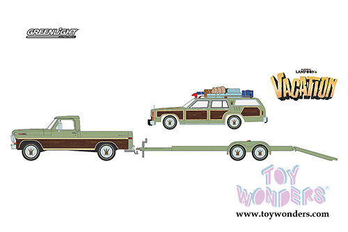 Greenlight - Hollywood Hitch & Tow Series 4 | 1972 Ford F-100 with 1979 Family Truckster Wagon Queen on Flatbed Trailer "National Lampoon's Vacation" Movie (1/64 scale diecast model car, Green) 31040A/24