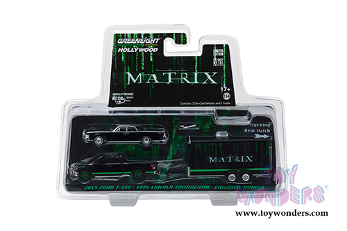 Greenlight - Hollywood Hitch & Tow Series 4 | Ford F-150 Pickup Black with 1965 Lincoln Continental Black with Enclosed Car Trailer "The Matrix" Movie (2015, 1/64 scale diecast model car, Black) 31040B/24
