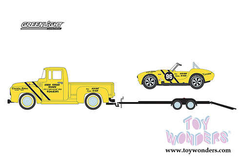 Greenlight - Racing Hitch & Tow Series 1 | 1954 Ford F-100 and Coventry Motors 289 Cobra Walnut Creek on Flatbed Trailer (1/64 scale diecast model car, Yellow/Black) 31050A/24