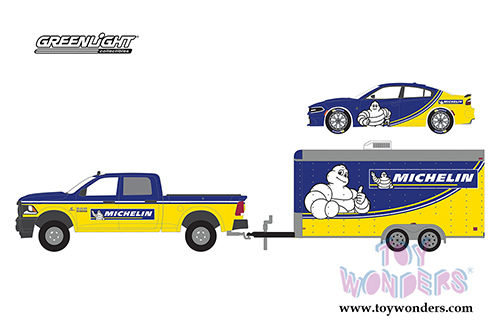 Greenlight - Racing Hitch & Tow Series 1 | 2017 Ram 2500 and 2017 Dodge Charger SRT Hellcat Michelin Tires with Enclosed Car Hauler (1/64 scale diecast model car, Yellow/Blue) 31050B/24