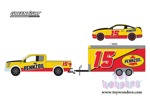 Greenlight - Racing Hitch & Tow Series 1 | 2015 Ford F-150 and 2012 Shelby GT500 Pennzoil with Enclosed Car Hauler (1/64 scale diecast model car, Yellow/Red) 31050C/24