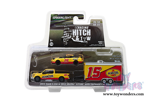 Greenlight - Racing Hitch & Tow Series 1 | 2015 Ford F-150 and 2012 Shelby GT500 Pennzoil with Enclosed Car Hauler (1/64 scale diecast model car, Yellow/Red) 31050C/24