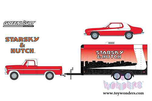 Greenlight - Hollywood Hitch & Tow Series 5 | Starsky and Hutch (TV Series, 1975-79) 1972 Ford F-100 with 1976 Ford Gran Torino in Enclosed Car Hauler (1/64 scale diecast model car, Red w/White) 31060A/24
