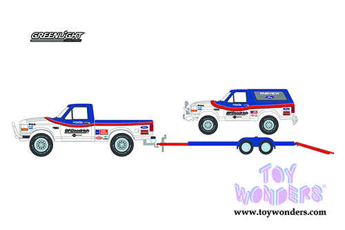 Greenlight - Racing Hitch & Tow Series 3 | Ford F-150 Pickup Truck and Ford Bronco with Flatbed Trailer BFGoodrich (1992, 1/64 scale diecast model car, Blue/White) 31110A/24