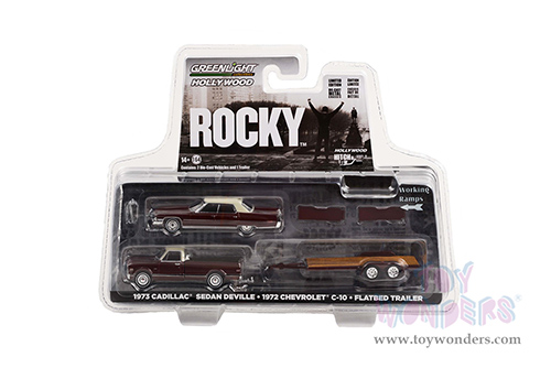 Greenlight - Hollywood Hitch & Tow Series 10 | Rocky (1976) 1972 Chevrolet C-10 with Rocky's 1973 Cadillac Sedan deVille  on Flatbed Trailer (1/64 scale diecast model car, Brown/Cream) 31130A/24