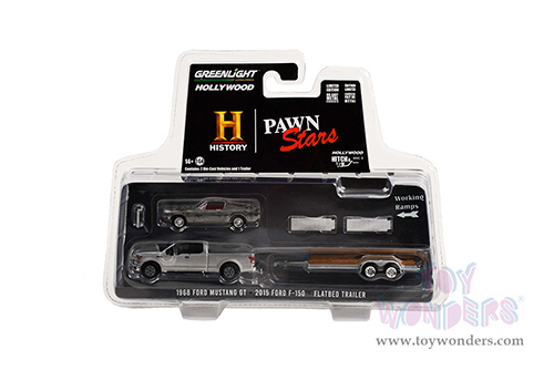 Greenlight - Hollywood Hitch & Tow Series 10 | Pawn Stars (2009) 2015 Ford F-150 Pickup Truck with 1968 Ford Mustang GT Fastback (Unrestored) and Flatbed Trailer (1/64 scale diecast model car, Silver Metallic) 31130B/24