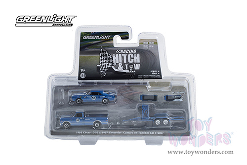 Greenlight - Hitch & Tow Series 14 | 1968 Chevrolet&reg; C-10 Pickup Truck #56 and 1967 Chevrolet&reg; Camaro&reg; #56 on Tandem Car Trailer (1/64 scale diecast model car, Blue) 31140A/24
