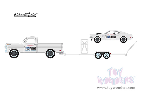 Greenlight - Hitch & Tow Series 14 | 1969 Ford F-100 Pickup Truck and 1969 Ford Mustang Boss 429 on Tandem Car Trailer (1/64 scale diecast model car, White) 31140B/24