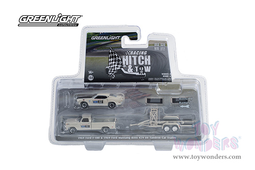 Greenlight - Hitch & Tow Series 14 | 1969 Ford F-100 Pickup Truck and 1969 Ford Mustang Boss 429 on Tandem Car Trailer (1/64 scale diecast model car, White) 31140B/24
