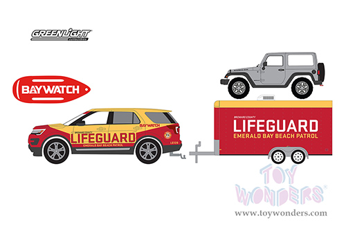 Greenlight - Hollywood Hitch & Tow Series 11 | Baywatch 2016 Ford Explorer Emerald Bay Beach Patrol Lifeguard with 2013 Jeep® Wrangler Rubicon in Enclosed Car Hauler (1/64 scale diecast model car, Asstd.) 31150B/24