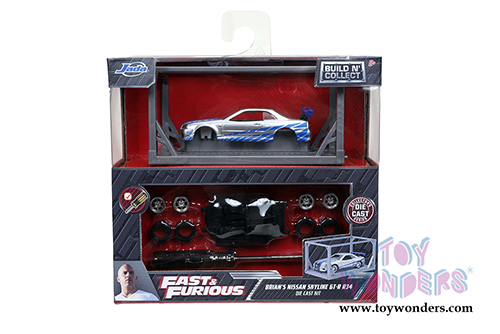 Jada Toys - Build N' Collect Model Kit | Fast & Furious Brian's Nissan Skyline GT-R R34 (1/55, diecast model car, Silver/Blue) 31288