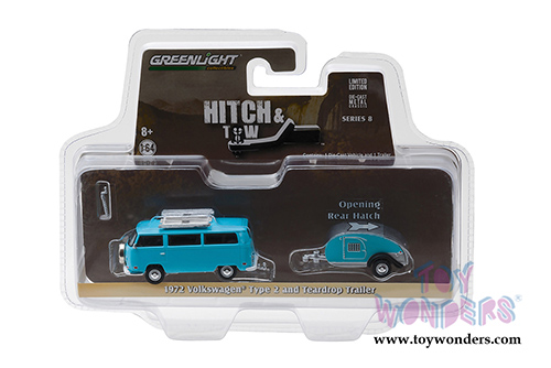 Greenlight - Hitch & Tow Series 8 | Volkswagen Type 2 Bus Blue and Teardrop Trailer (1972, 1/64 scale diecast model car, Turquoise) 32080C