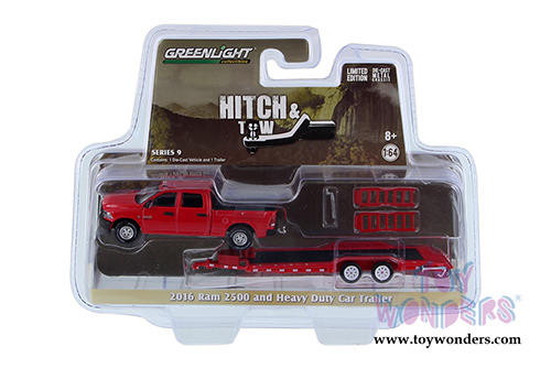Greenlight - Hitch & Tow Series 9 | Dodge Ram 2500 and Heavy Duty Car Trailer (2016, 1/64 scale diecast model car, Red) 32090D