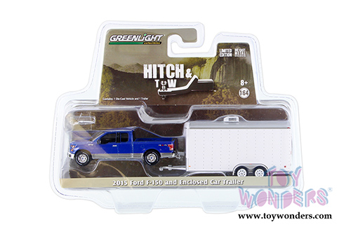 Greenlight - Hitch & Tow | Ford F-150 and Car Hauler trailer (2015, 1/64 scale diecast model car, Blue and White) 32091/48