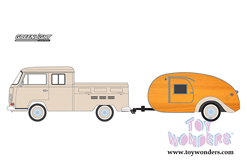 Greenlight - Hitch & Tow Series 10 | Volkswagen Type 2 Double Cab Pickup and Teardrop Trailer (1968, 1/64 scale diecast model car, Cream/Orange) 32100A/48