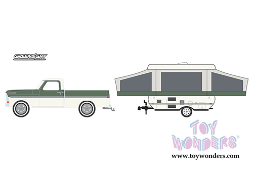 Greenlight - Hitch & Tow Series 10 | Ford F-100 Pickup and Pop Up Camper Trailer (1970, 1/64 scale diecast model car, Cream/Green) 32100B/48