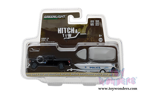 Greenlight - Hitch & Tow Series 10 | Ford F-150 Pickup and Homeland Security Marine Enforcement Police Boat (2015, 1/64 scale diecast model car, Black/White) 32100C/48 