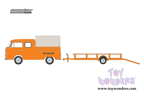 Greenlight - Hitch & Tow Series 11 | Volkswagen&reg; Type 2 Double Cab Pickup with Canopy and Utility Trailer (1978, 1/64 scale diecast model car, Orange) 32110A/48
