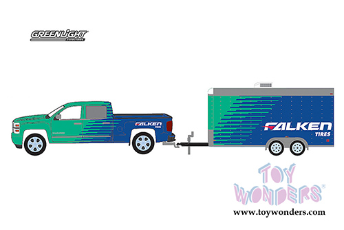 Greenlight - Hitch & Tow Series 11 | Chevrolet&reg; Silverado&trade; Pickup Truck Falken Tires and Enclosed Car Hauler (2015, 1/64 scale diecast model car, Green/Blue) 32110B/48