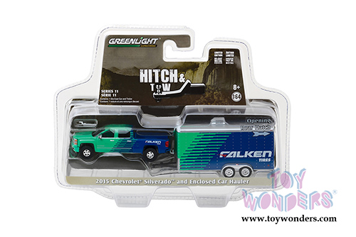 Greenlight - Hitch & Tow Series 11 | Chevrolet&reg; Silverado&trade; Pickup Truck Falken Tires and Enclosed Car Hauler (2015, 1/64 scale diecast model car, Green/Blue) 32110B/48