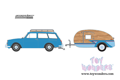 Greenlight - Hitch & Tow Series 14 | Volkswagen Type 3 Squareback with Tear Drop Trailer (1961, 1/64 scale diecast model car, Blue) 32140A/24