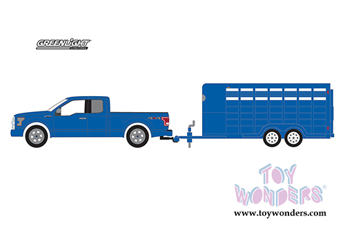 Greenlight - Hitch & Tow Series 14 | Ford F-150 with Blue Livestock Trailer (2016, 1/64 scale diecast model car, Blue) 32140C/24