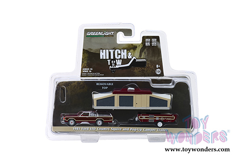 Greenlight - Hitch & Tow Series 16 | Ford LTD Country Squire and Pop-Up Camper Trailer (1981, 1/64 scale diecast model car, Dark Red) 32160C/24
