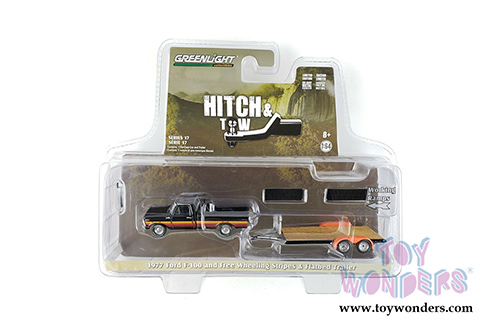Greenlight - Hitch & Tow Series 17 | Ford F-100 Pickup Truck Black with Free Wheeling Stripes and Flatbed Trailer (1977, 1/64 scale diecast model car, Black) 32170B/24