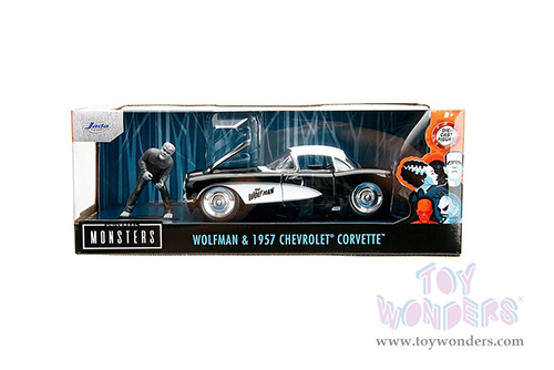 Jada Toys - Hollywood Rides | Chevrolet&reg; Corvette&trade; with Wolfman Diecast Figure "Universal Monsters" (1957, 1/24, diecast model car, Black/White) 32195/4