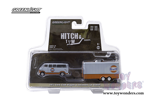 Greenlight - Hitch & Tow Series 20 | Ford Club Wagon Van and Enclosed Car Trailer - Gulf Oil (1972, 1/64 scale diecast model car, Light Blue/Orange) 32200B/24