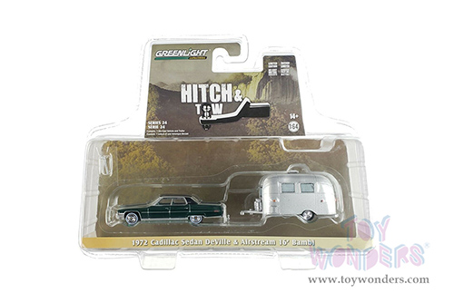 Greenlight - Hitch & Tow Series 24 | Cadillac Sedan DeVille & Airstream 16' Bambi (1972, 1/64 scale diecast model car, Brewster Green Metallic) 32240A/24