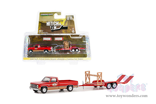 Greenlight - Hitch & Tow Series 25 | GMC&reg; K-2500 Sierra Grande Wideside Pickup Truck Busted Knuckle Garage and Tandem Car Trailer (1982, 1/64 scale diecast model car, Red and Beige) 32250B/24