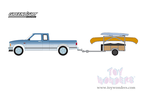 Greenlight - Hitch & Tow Series 25 | 1988 GMC&reg; S-15 Sierra Pickup Truck and Canoe Trailer with Canoe Rack, Canoe and Kayak (1/64 scale diecast model car, Blue) 32250C/24