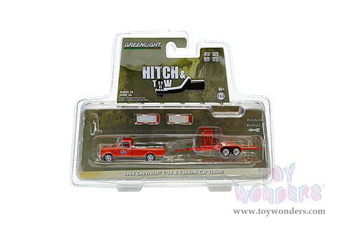 Greenlight - Hitch & Tow Series 26 | Chevrolet&reg; C-10 Pickup Truck Bed Cover and Tandem Car Trailer "STP" (1968, 1/64 scale diecast model car, Orange) 32260B/24