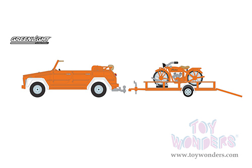 Greenlight - Hitch & Tow Series 26 | 1973 Volkswagen Thing (Type 181) Convertible and 1920 Indian Scout Motorcycle with Utility Trailer (1/64 scale diecast model car, Orange) 32260C/24