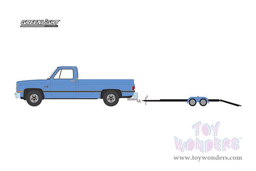 Greenlight - Hitch & Tow Series 27 | Chevrolet&reg; C-20 Trailering Special Pickup Truck and Flatbed Trailer (1981, 1/64 scale diecast model car, Blue) 32270B/24