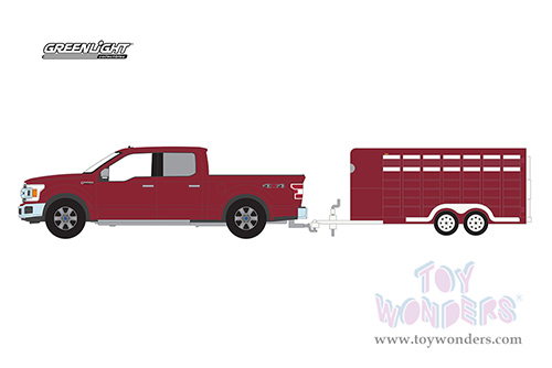 Greenlight - Hitch & Tow Series 27 | Ford F-150 XLT Pickup Truck and Livestock Trailer (2019, 1/64 scale diecast model car, Red) 32270D/24