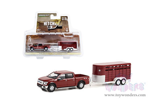 Greenlight - Hitch & Tow Series 27 | Ford F-150 XLT Pickup Truck and Livestock Trailer (2019, 1/64 scale diecast model car, Red) 32270D/24