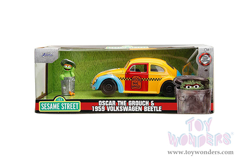 Jada Toys - Hollywood Rides | Volkswagen Beetle Taxi "Oscar's Taxi Service" with Oscar the Grouch Diecast Figure "Sesame Street&reg;" (1959, 1/24, diecast model car, Yellow/Blue/Red) 32801