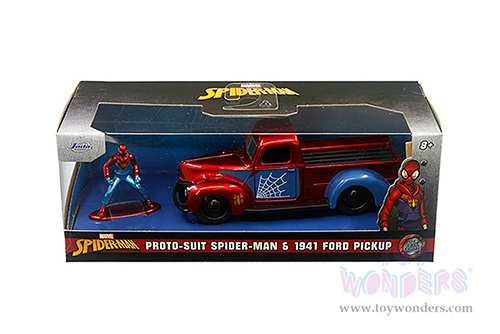 Jada Toys Hollywood Rides - Ford Pickup Truck with Proto-Suit Spider-Man Diecast Figurine (1941, 1/32 scale diecast model car, Candy Red/Blue) 33075