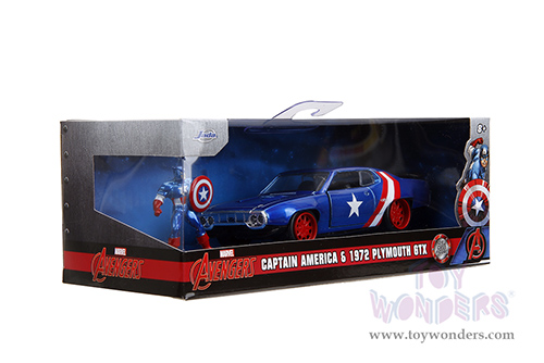 Jada Toys - Hollywood Rides | Marvel Avengers Plymouth GTX with Captain America Diecast Figure (1972, 1/32 scale diecast model car, Blue/Red and White Stripes) 33081