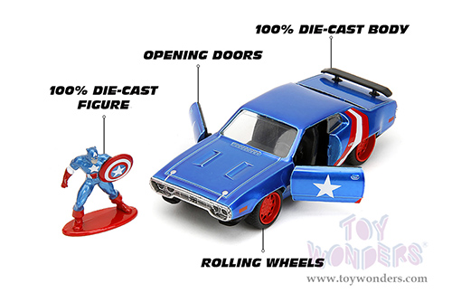 Jada Toys - Hollywood Rides | Marvel Avengers Plymouth GTX with Captain America Diecast Figure (1972, 1/32 scale diecast model car, Blue/Red and White Stripes) 33081