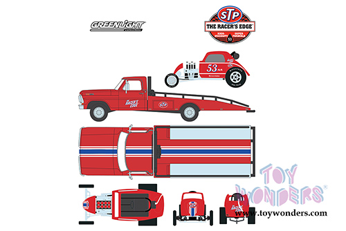 Greenlight - Heavy Duty Trucks Series 10 | STP&reg; Oil Ford F-350 Ramp Truck with Topo Fuel Altered Drag Car (1968, 1/64 scale diecast model car, Red) 33100C/48