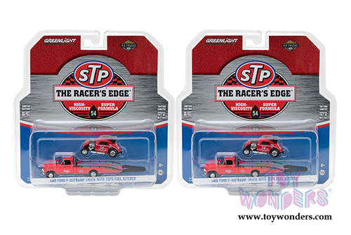 Greenlight - Heavy Duty Trucks Series 10 | STP&reg; Oil Ford F-350 Ramp Truck with Topo Fuel Altered Drag Car (1968, 1/64 scale diecast model car, Red) 33100C/48