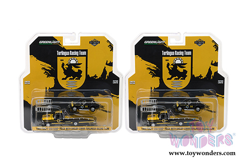 Greenlight - Heavy Duty Trucks Series 11 | Ford F-350 Ramp Truck with Shelby Cobra Terlingua Racing Team #16 (1969, 1/64 scale diecast model car, Black/Yellow) 33110A/48